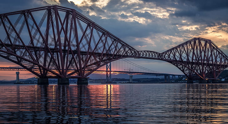Great Britain, Scotland, Forth Bridge hd, United Kingdom, river, Forth Bridge, Scotland, Great Britain, evening, Sunset, sky, clouds, HD wallpaper