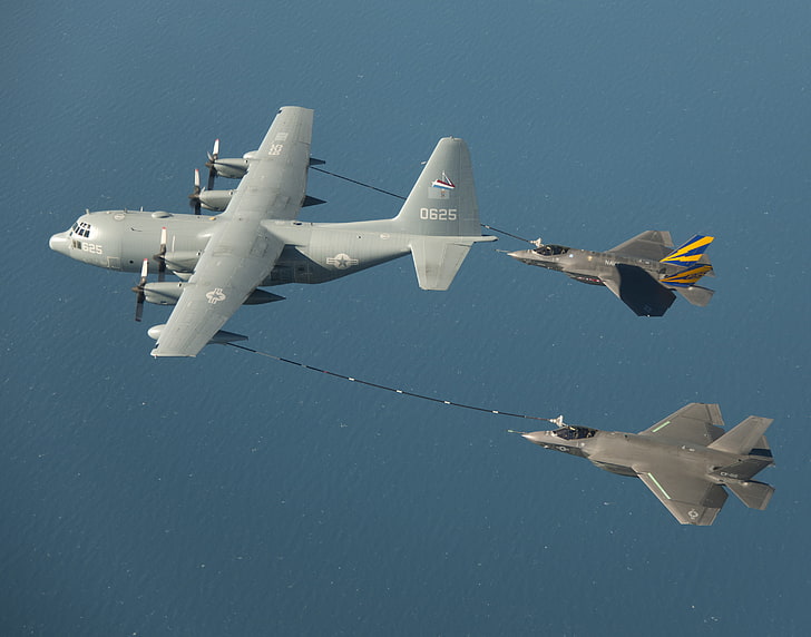 the ocean, fighters, pair, in the air, Lockheed, Hercules, F-35C, tanker, KC-130, dual refueling, HD wallpaper