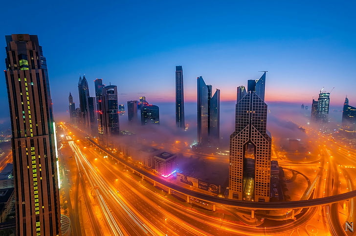 Villes, Dubaï, ville, brouillard, synthétique, nuit, time-lapse, Fond d'écran HD