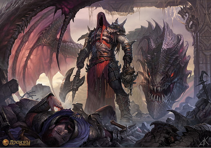 иллюстрация дракона и воина, дракон, воин, топоры, фэнтези-арт, HD обои