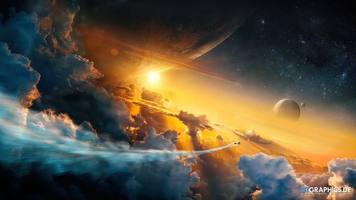 science fiction, stars, planet, Sun, space, clouds, planes, spaceship, floating, lens flare, smoke, HD wallpaper