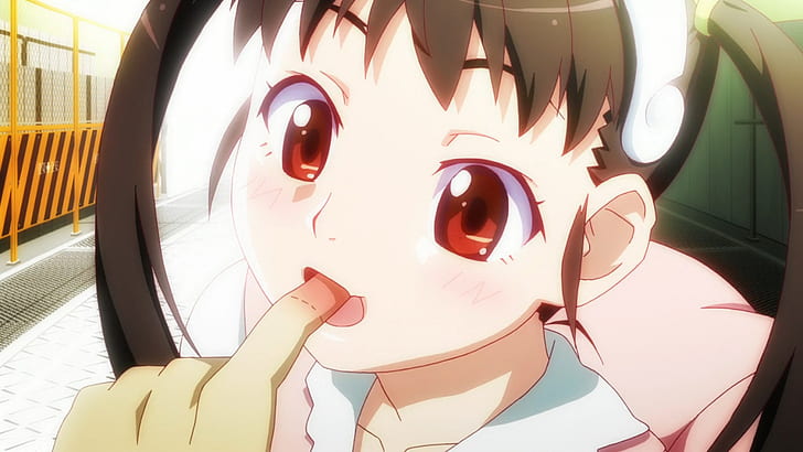 Anime, Monogatari-Serie, Anime-Mädchen, weiße Haut, Filmstills, Hachikuji Mayoi, rote Augen, dunkles Haar, Gesicht, Loli, HD-Hintergrundbild