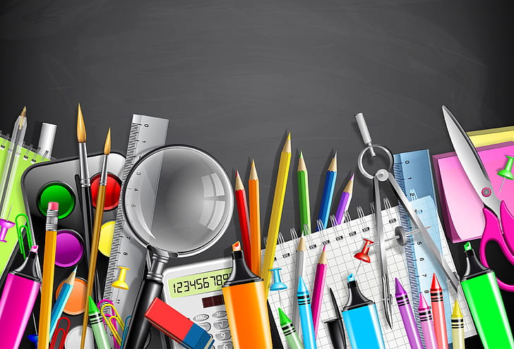 paper, paint, vector, pencils, handle, magnifier, scissors, line, brush, the compass, clip, markers, the office, eraser, notebooks, calculator, HD wallpaper