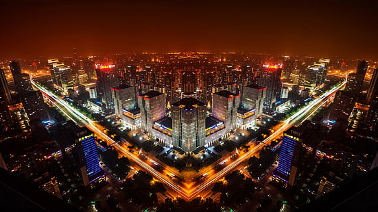 Пекин, Китай, горизонт ночного города, здания, огни, Пекин, Китай, ночь, город, горизонт, здания, огни, HD обои HD wallpaper
