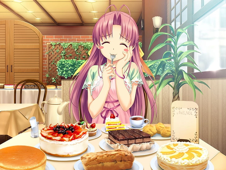 анимированная розоволосая женщина, девушка, наслаждаясь, сладости, кафе, столик, HD обои
