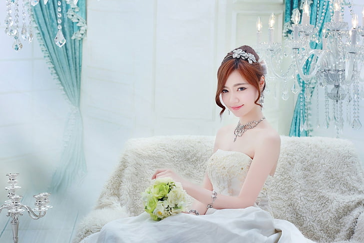 Frauen, Braut, Asiatisch, Kronleuchter, Mädchen, Halskette, Rotschopf, Hochzeitskleid, Weißes Kleid, Frau, HD-Hintergrundbild