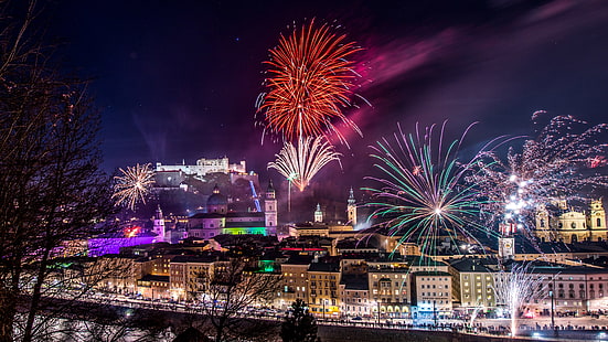 Año Nuevo-Nochevieja en Salzburgo-Austria-fiesta-celebración-fuegos artificiales-Desktop HD Wallpapers-3840 × 2160, Fondo de pantalla HD HD wallpaper