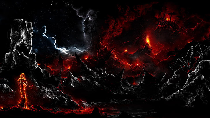 alberto, art, clouds, dark, fire, lava, man, rock, vangelista, HD wallpaper