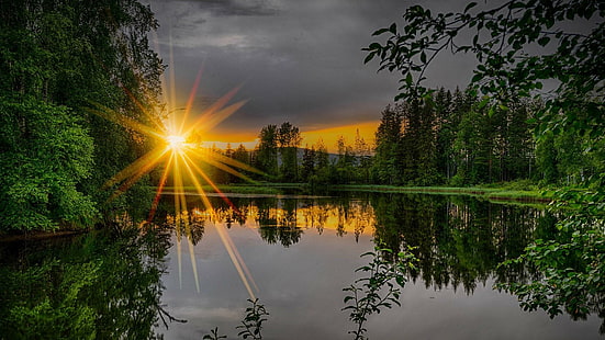 sun, sunray, lake, water, forest, reflected, reflection, nature, HD wallpaper HD wallpaper