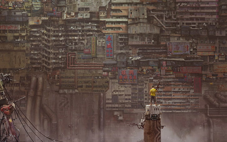 topo amarelo, apocalíptico, Kuldar Leement, paisagem urbana, obras de arte, HD papel de parede
