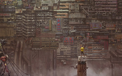 top amarillo, apocalíptico, Kuldar Leement, paisaje urbano, obra de arte, Fondo de pantalla HD HD wallpaper