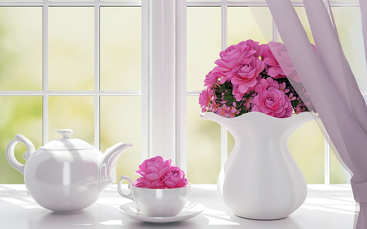 ♥, window, flower, vase, cup, white, tea pot, pink, HD wallpaper