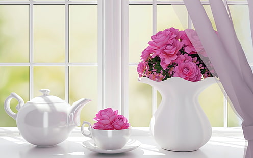 ♥, window, flower, vase, cup, white, tea pot, pink, HD wallpaper HD wallpaper