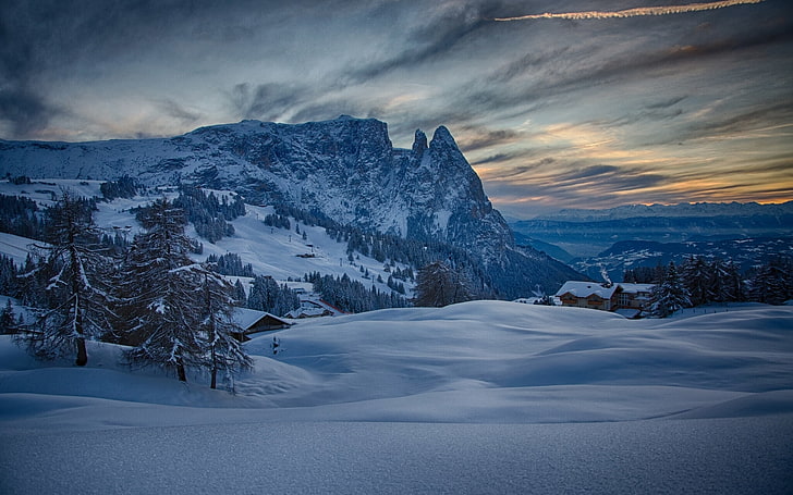 зима, сняг, планини, Италия, Trentino-Alto Adige, Alpe Di Siusi / Seiser Alm, HD тапет