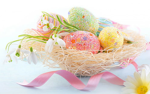 Vacanze, Pasqua, uova, fiori bianchi e uova faberge, uova, primavera, fiori, vacanze, Pasqua, Sfondo HD HD wallpaper