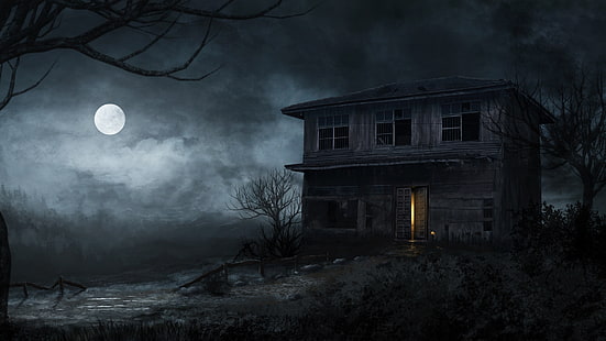 casa in legno a 2 piani sotto luna piena, notte, luna, chiaro di luna, palude, casa, arte digitale, Sfondo HD HD wallpaper