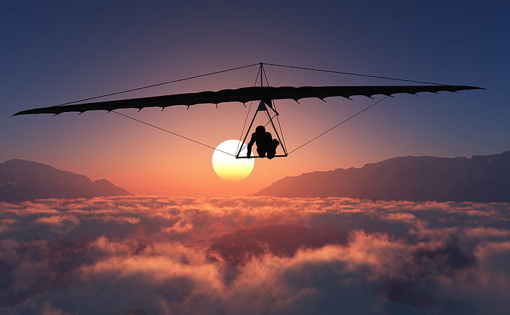 the sun, clouds, mountains, height, silhouette, panorama, flight, glider, Hang gliding, HD wallpaper