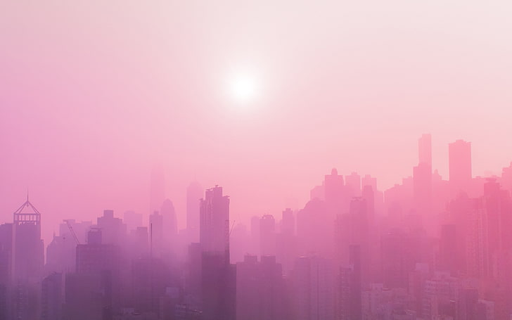 الضباب الدخاني الوردي ناطحات السحاب الحضرية غروب الشمس، خلفية HD