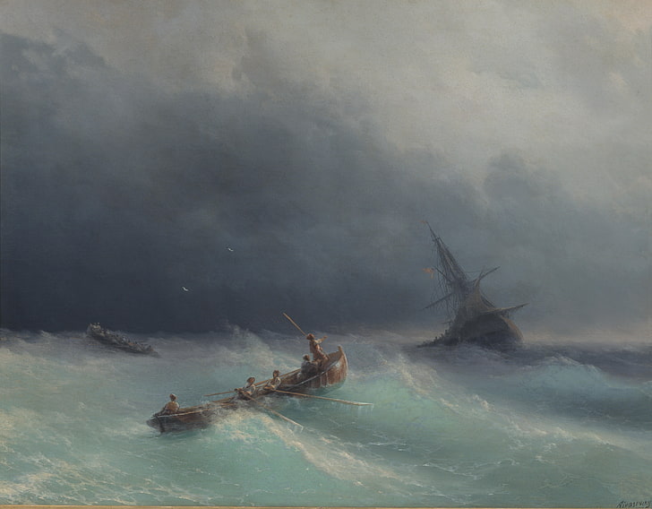 canoa marrom, mar, tempestade, imagens, pintura, Aivazovsky, HD papel de parede