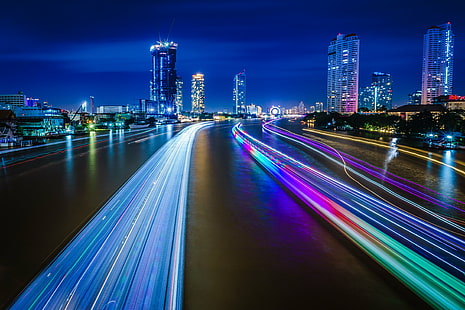 time lapse photography of city, chao phraya river, chao phraya river, Chao Phraya River, time lapse photography, city, long exposure, River cruise, Asiatique, Thai, Bangkok, FE, 35mm, F4, ZA, OSS, ILCE-7M2, Thailand, night, traffic, cityscape, street, highway, architecture, urban Scene, speed, urban Skyline, dusk, transportation, road, downtown District, famous Place, blurred Motion, car, illuminated, multiple Lane Highway, twilight, asia, built Structure, tower, motion, skyscraper, HD wallpaper HD wallpaper