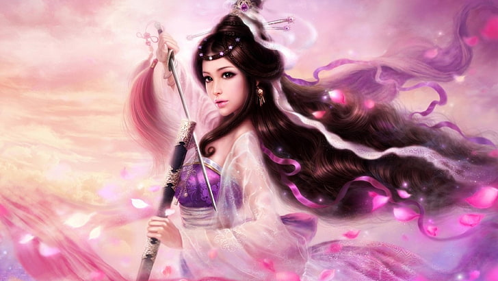 Самурайска принцеса Меч Лилаво фантастично момиче Ultra 3840 × 2160 Hd Wallpaper 1564910, HD тапет