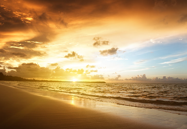 badan air, pantai, laut, awan, langit, sinar matahari, Wallpaper HD