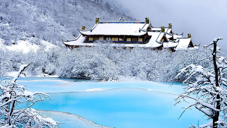 winter, snow, mountains, lake, China, temple, Sichuan, Huanglong, HD wallpaper