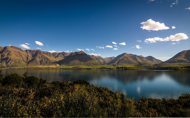 Lake Wakatipu, Otago, New Zealand, blue sky, clouds, mountains, Lake, Wakatipu, Otago, New, Zealand, Blue, Sky, Clouds, Mountains, HD wallpaper