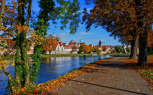 Германия, Бавария, город, дома, река, дорога, деревья, осень, Германия, Бавария, город, дома, река, дорога, деревья, осень, HD обои HD wallpaper