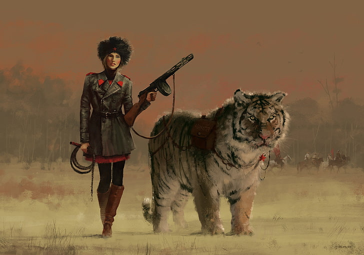 woman holding rifle standing near tiger painting, illustration, Russian women, tiger, digital art, fan art, PPSh-41, girls with guns, HD wallpaper