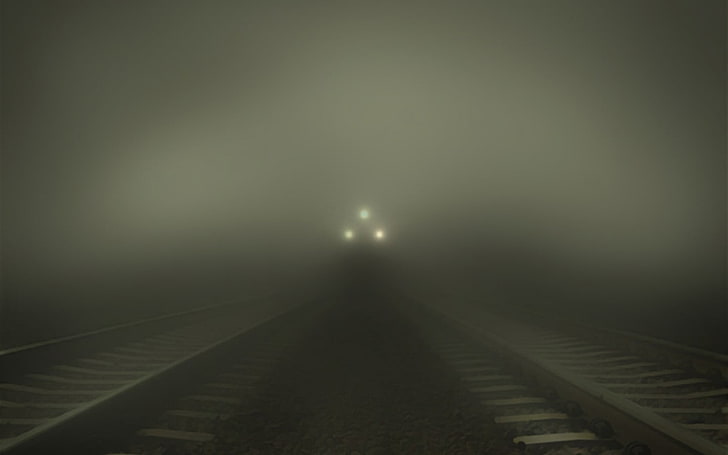 черный поезд, туман, железная дорога, поезд, HD обои