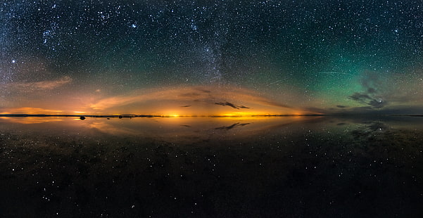 panoramic photo of starry night, the sky, reflection, stars, salt lake, HD wallpaper HD wallpaper
