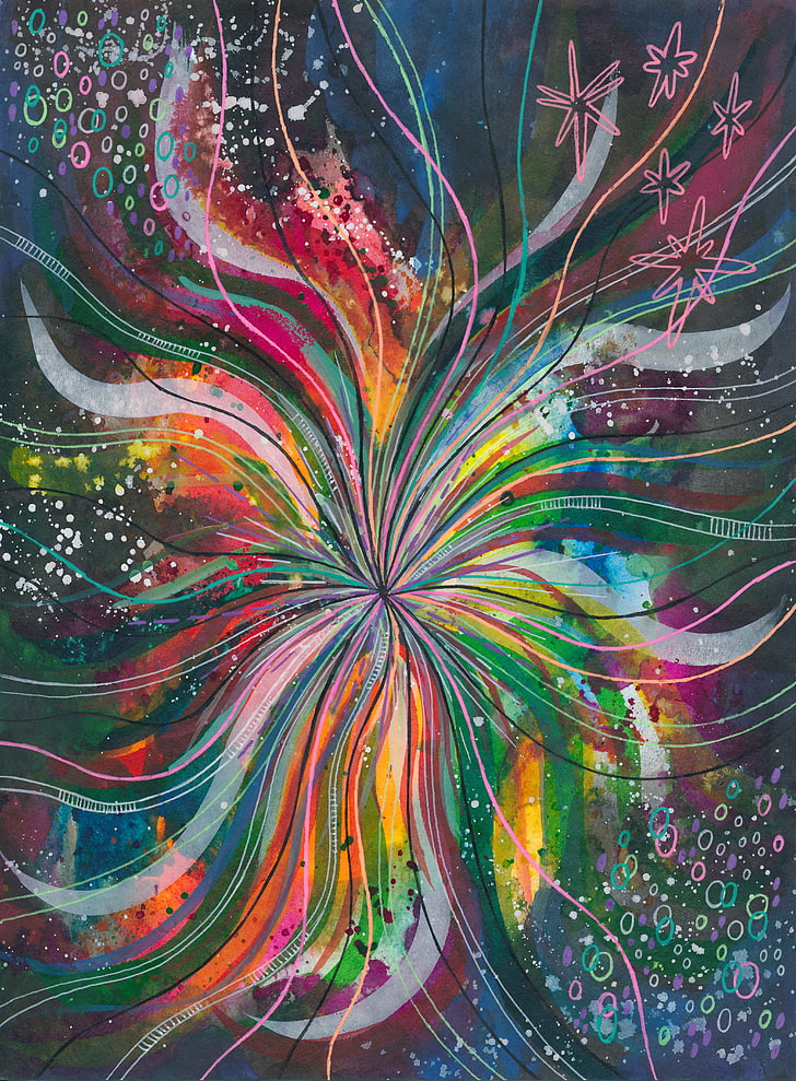 multicolored flower painting, watercolor, lines, multicolored, rainbow, HD wallpaper