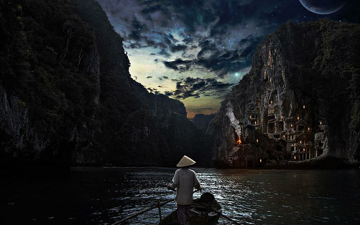 Boat ride in the night, brown wooden canoe and men's brown sombrero, digital art, 1920x1200, mountain, star, lake, castle, boat, moon, HD wallpaper