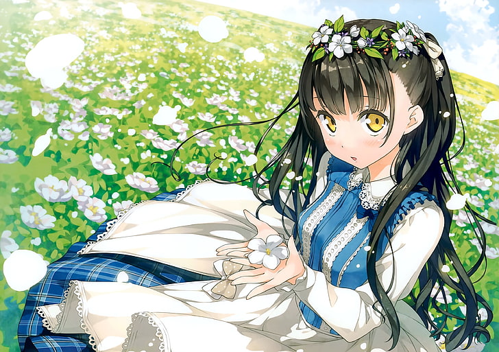 fille aux cheveux noire tenant une fleur, Nagisa (Kantoku), anime girls, Kantoku, yeux jaunes, cheveux noirs, école secondaire de la 5ème année, cheveux longs, fleurs, robe, ornement de cheveux, Fond d'écran HD