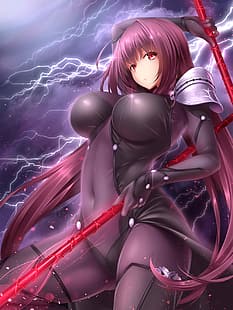 аниме, аниме девушки, серия Fate, Fate/Grand Order, Scathach, сиськи, большие сиськи, длинные волосы, фиолетовые волосы, HD обои HD wallpaper