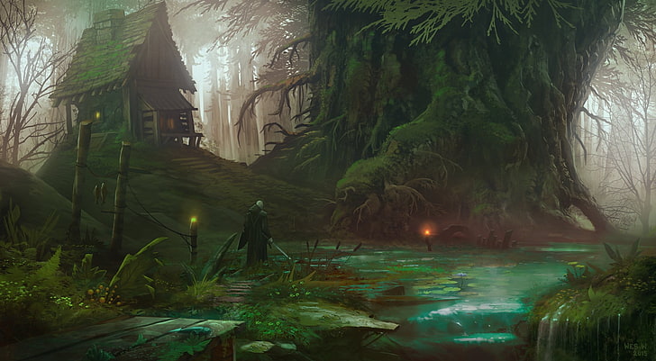 rumah cokelat di samping lukisan pohon, orang berjaket hitam di depan pohon dan badan air dekat poster gubuk, karya seni, seni fantasi, pohon, hutan, rumah, sungai, pedang, alam, Wallpaper HD