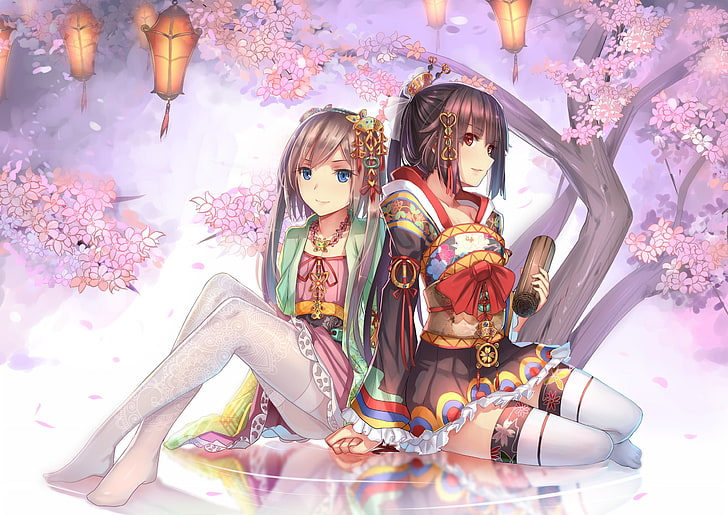 anime, original characters, Japanese clothes, cherry blossom, anime girls, manga, HD wallpaper