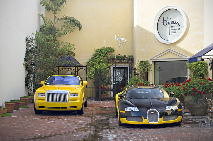 two yellow cars, Bugatti, veyron, tuning, coupe, rolls-royce, phantom, drophead, HD wallpaper