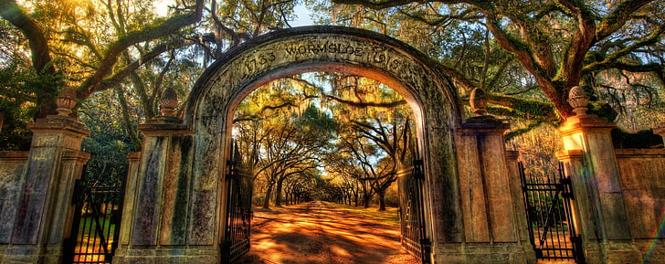 Wormsloe, gray concrete fence, Vintage, Travel, Endless, Color, Trees, Land, Forest, Road, High, Plantation, Digital, Photography, North, America, United, Savannah, South, Arch, Georgia, Historic, States, Range, Isle, Gate, Natural, surreal, January, Path, Hope, dynamic, imaging, southeast, wormsloe, forestgump, forrest, gump, site, antebellum, HD wallpaper