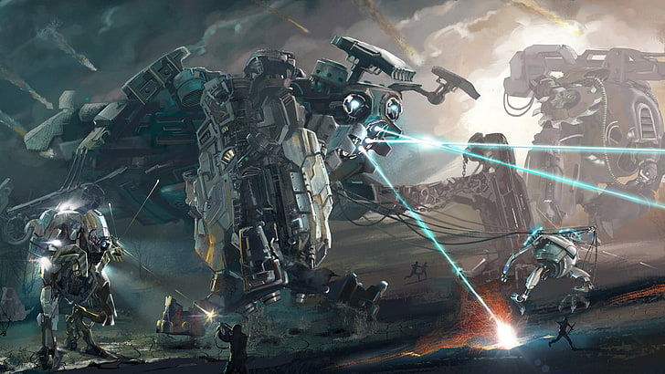 gray robot illustration, artwork, concept art, mech, robot, war, science fiction, HD wallpaper