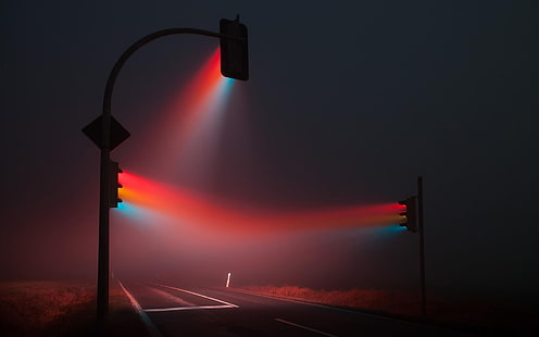 traffic lights on road, night, traffic lights, mist, HD wallpaper HD wallpaper