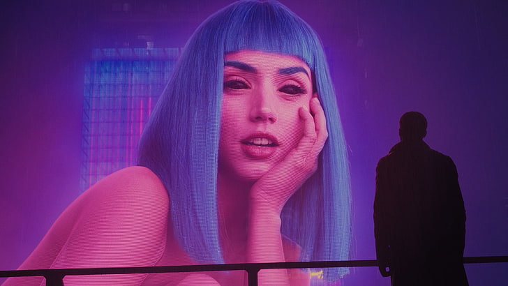woman's face, Blade Runner 2049, Blade Runner, Ryan Gosling, movies, Joi, women, blue hair, Ana de Armas, HD wallpaper