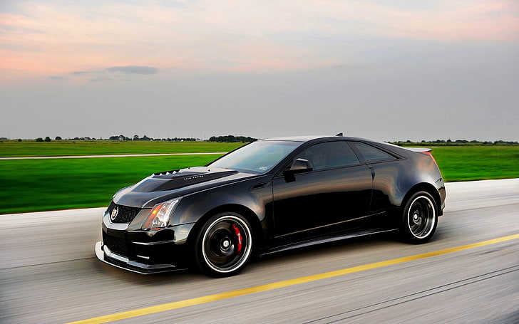 black Cadillac CTS coupe, cadillac, cts-v, hennessey, black, side view, HD wallpaper