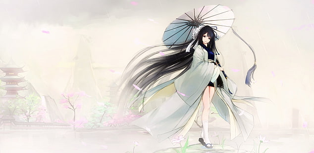 кимоно, зонт, японская одежда, аниме девушки, оригинальные персонажи, HD обои HD wallpaper