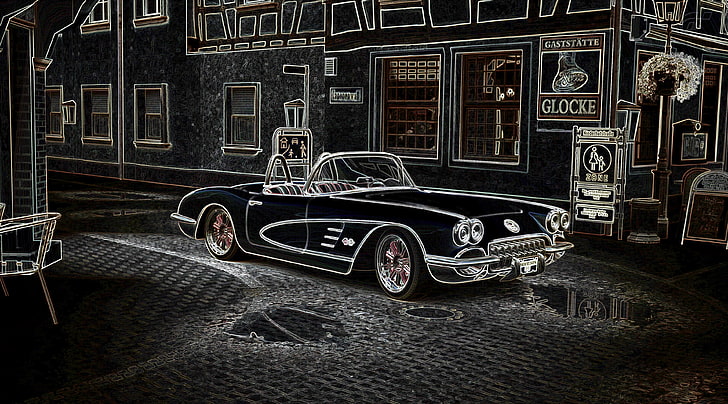 Ahrweiler Straße 2, foto en escala de grises del cupé convertible Chevrolet Corvette C1, Juegos, Gran Turismo, Fondo de pantalla HD