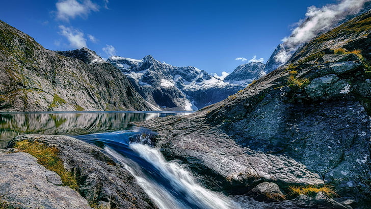 doğa, dere, dağ silsilesi, dağ manzarası, milli park, fiordland milli parkı, vahşi doğa, su, dağ, dağlık yer şekilleri, dağlar, kayalık, gökyüzü, manzara, yeni zelanda, bulutlu, göl, nehir, taşlar, HD masaüstü duvar kağıdı