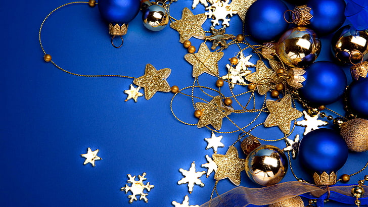 adornos azules y dorados, bolas, decoración, copos de nieve, fondo, azul, estrellas, navidad, Fondo de pantalla HD