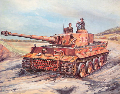 ilustracja czerwonego czołgu bojowego, droga, figura, sztuka, czołg, kamuflaż, walka, sprzęt, okropny, niemiecki, czołgiści, reprezentowany, a, Druga wojna światowa, Pz.VI (T-6) 