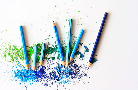 art, artistic, blue, color, colored pencils, coloring, colour, composition, craft, crayon, creative, creativity, draw, green, group, palette, paper, pencil, row, shades, sharp, sharpened, shavings, spectrum, still life, HD wallpaper HD wallpaper